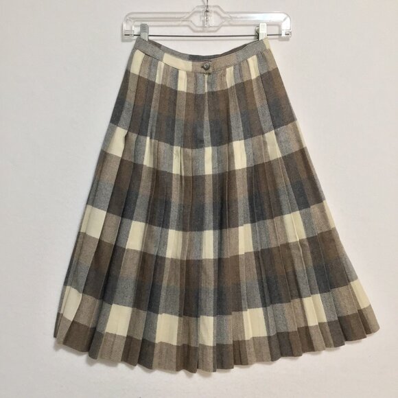 Vintage Paris Star Tan and Grey Neutral Plaid Pleated Midi Skirt Size XS - Picture 3 of 6
